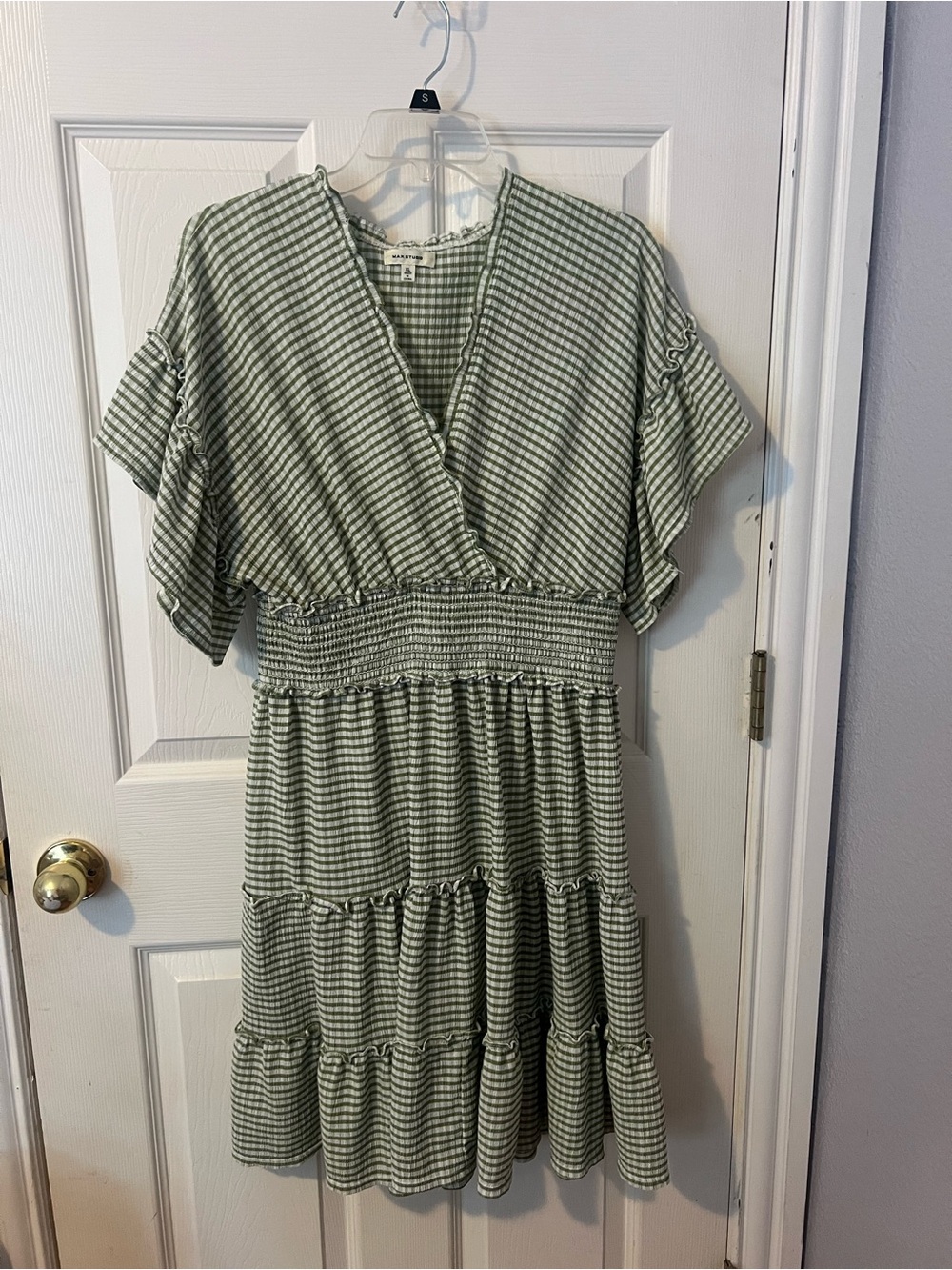 Max Studio Green Gingham Tiered Smocked-Waist Midi Dress
